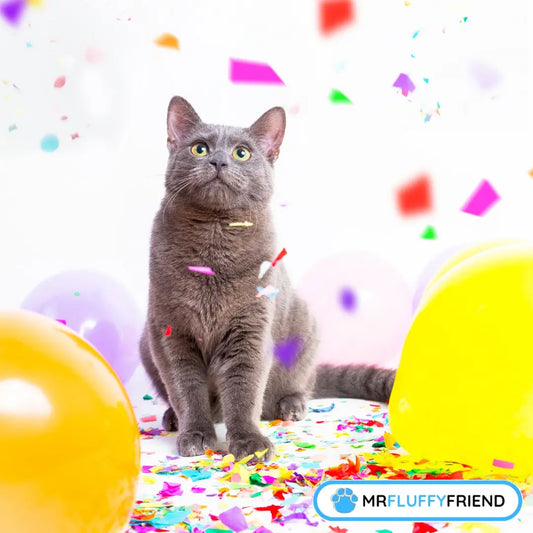 A playful gray cat surrounded by colorful confetti and balloons, celebrating International Cat Day